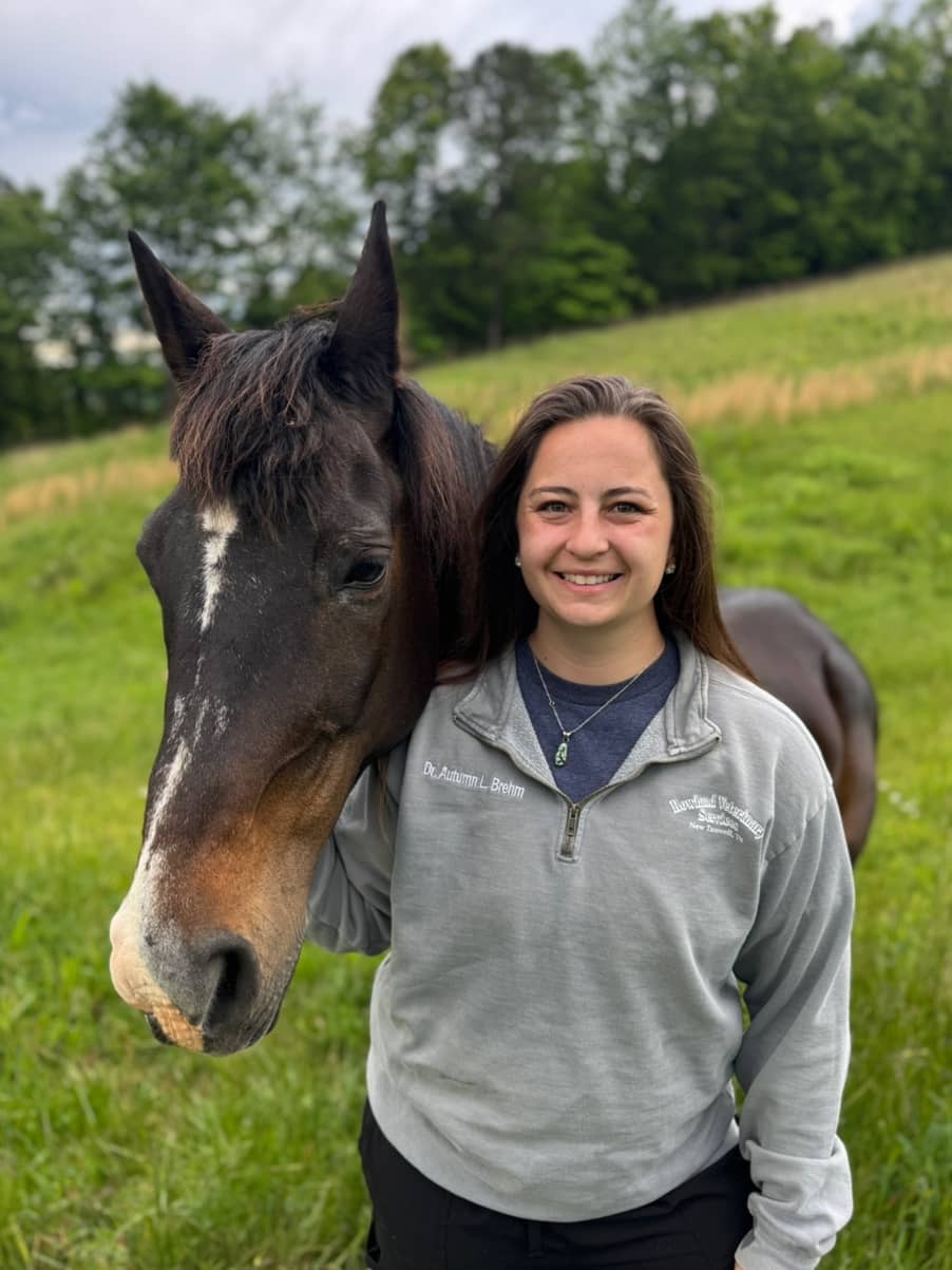 Female veterinarian smiling with a brown horse in a green pasture, wearing gray clinic sweatshirt.